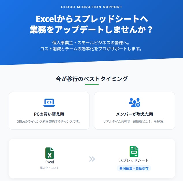 エクセルのスプレッドシート化をサポートします エクセル（Excel）を捨ててコストダウンを図りましょう！！ イメージ1