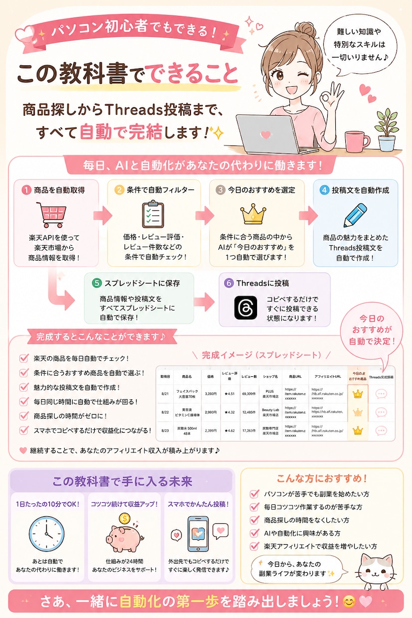 一人でできる！楽天アフィリエイト自動化 教科書ます 商品探しやThreads投稿文作成、コピペでカンタン自動化！ イメージ2