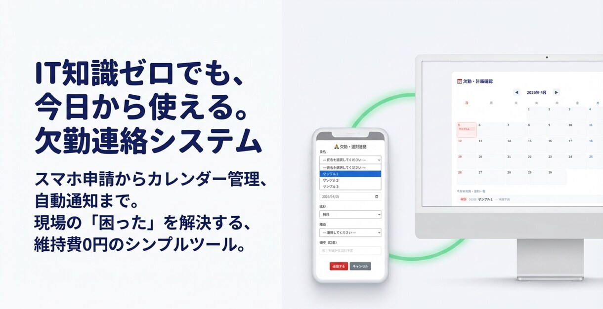 欠勤連絡システム：毎朝の電話対応から解放します 導入はダウンロードと設定だけ、運用はQRコードを貼るだけ イメージ1