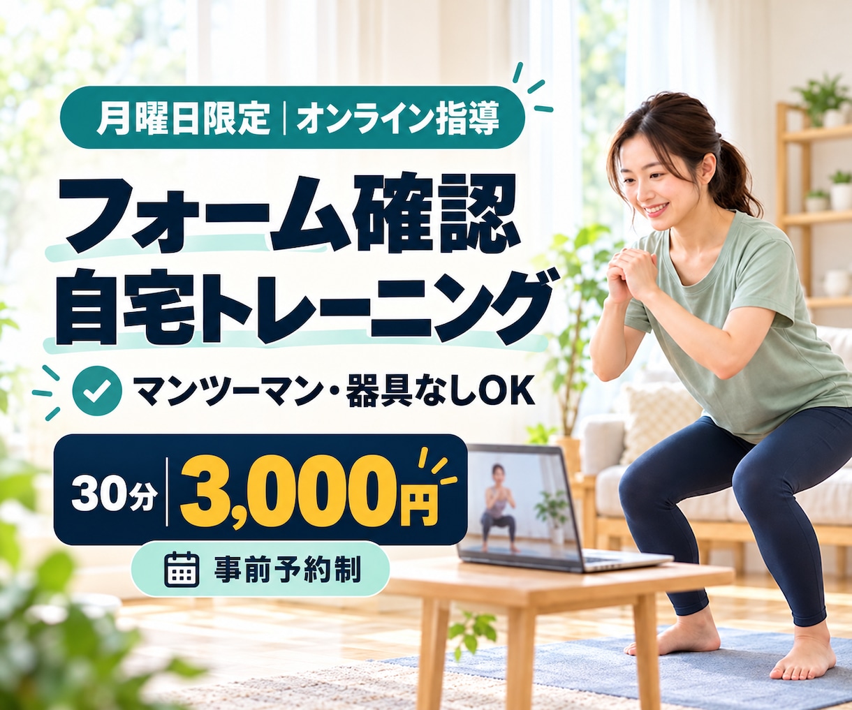 月曜限定！30分のオンライン筋トレ指導をします 初心者歓迎！フォーム確認から自宅トレまで丁寧にサポート イメージ1