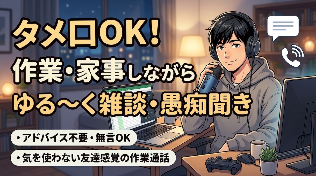 作業や家事しながらタメ口OK！ゆる雑談愚痴聞きます アドバイスなし＆無言OK！作業やゲーム中の「ながら通話」に イメージ1