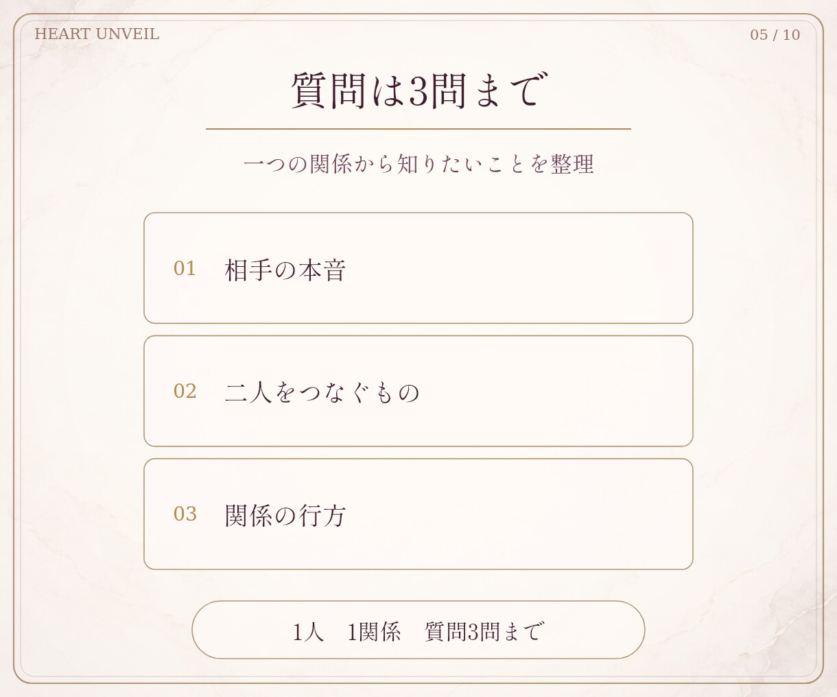 あの人の本音と「見せている顔」のズレを読み解きます 相手の気持ち・二人のつながり・関係の行方を6枚で明確に鑑定 イメージ5