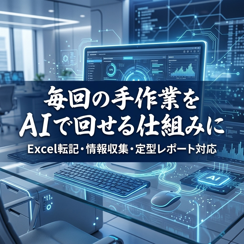 定型業務をAIで自動化する仕組みを作ります 毎回の転記・収集・レポート作成を、AI自動化フローに整えます イメージ1