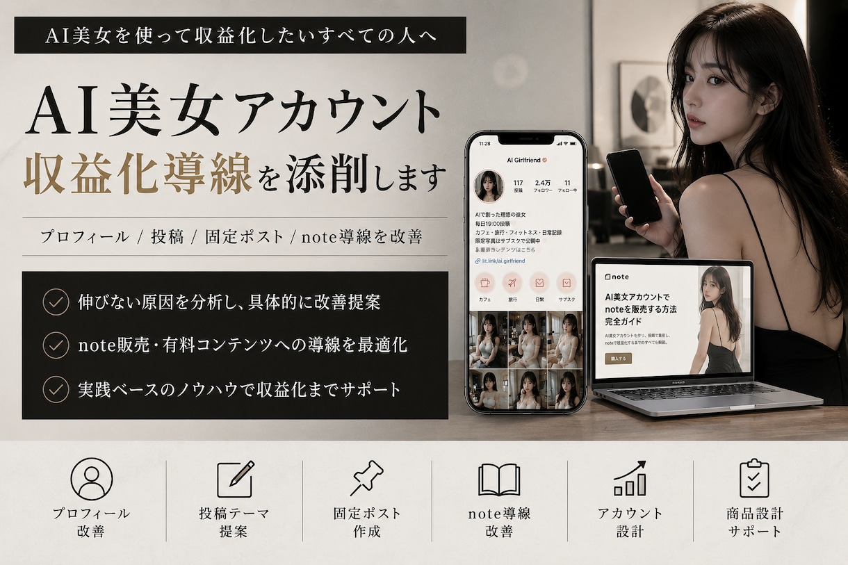 AI美女アカウント収益化を添削しますます AI美女SNS運用を投稿・導線・販売目線で具体的に改善します イメージ1
