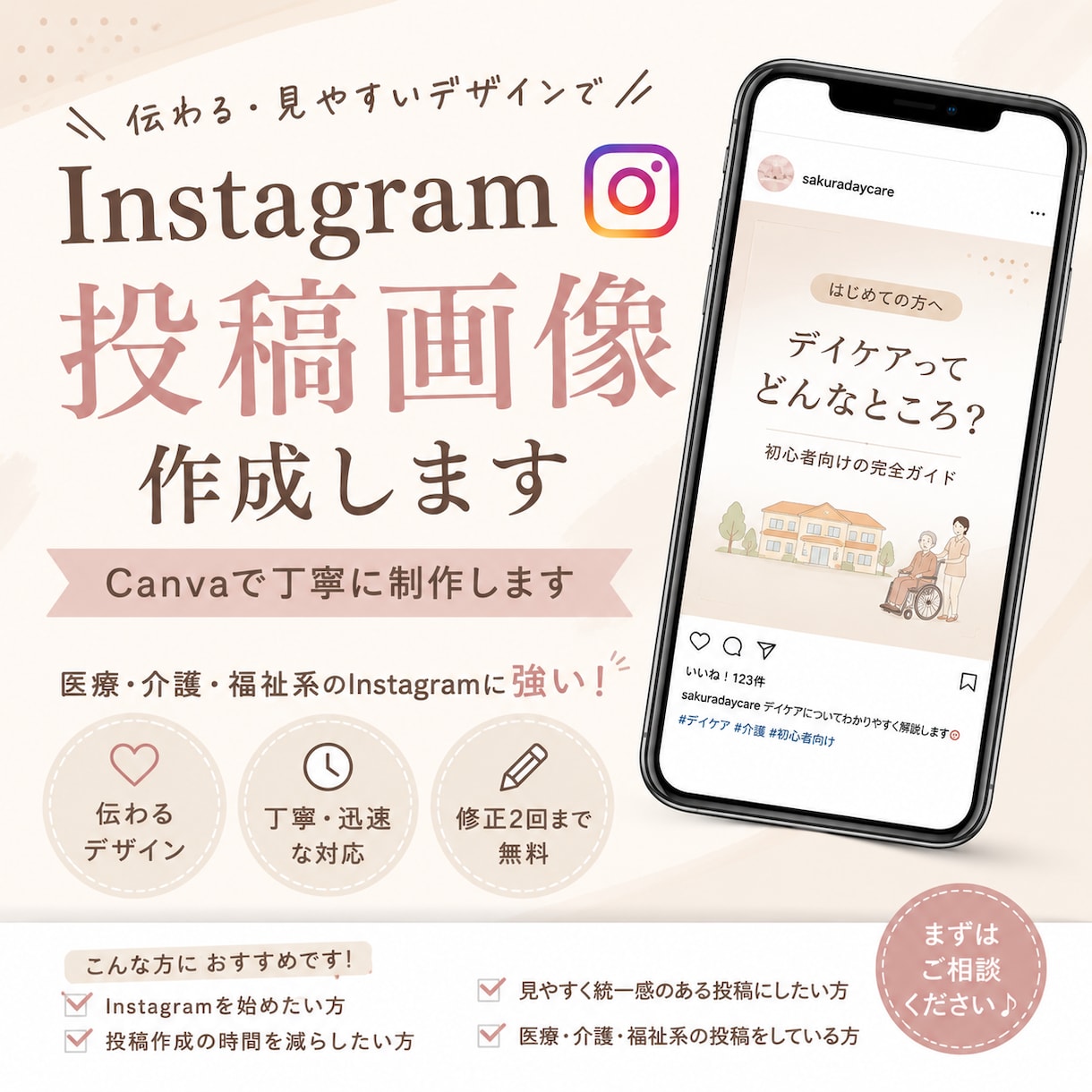 Instagramの投稿画像を作成します 医療•介護系の投稿作成もお任せください。 イメージ1