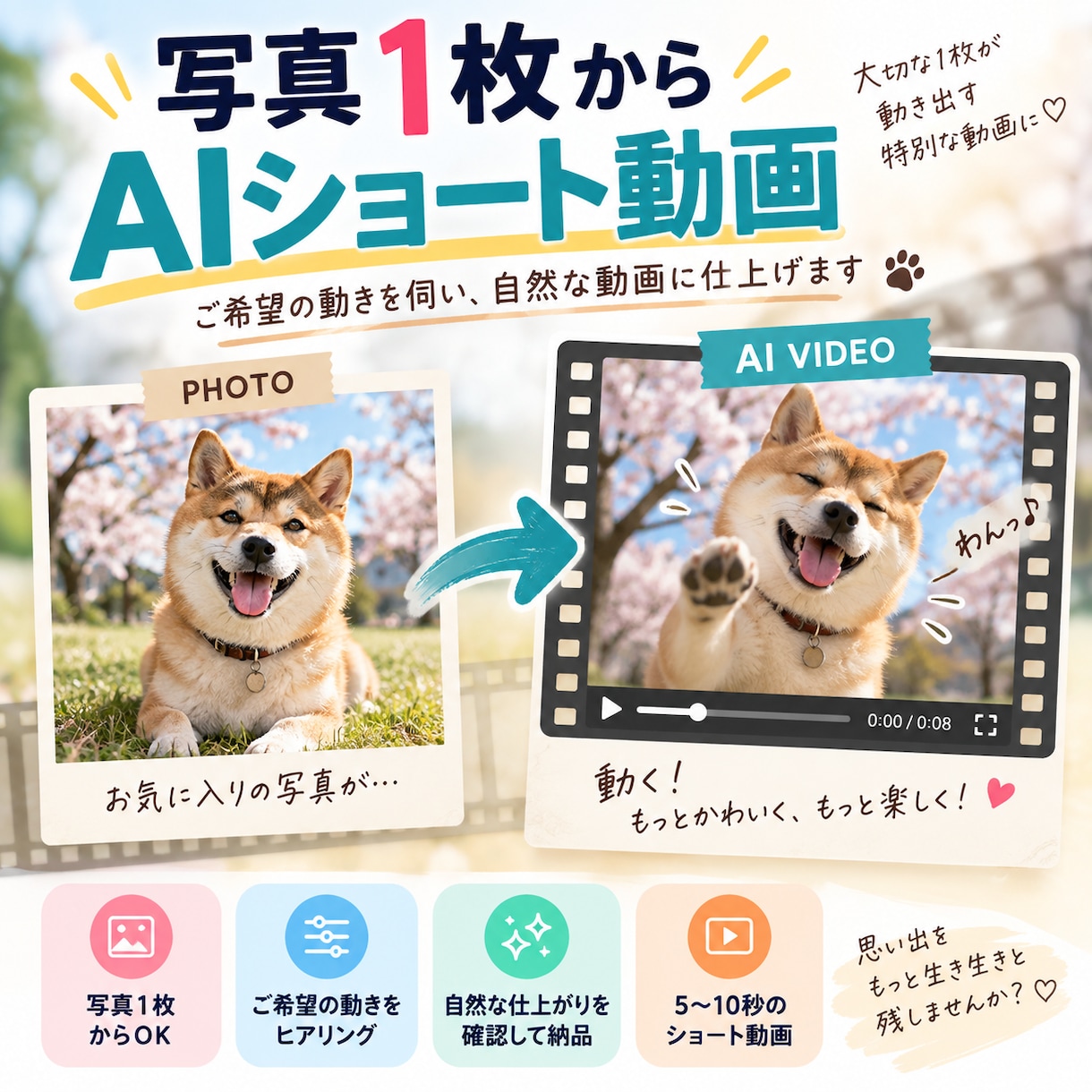 写真1枚からAIショート動画を作ります ご希望の動きを伺い、自然な短い動画に仕上げます イメージ1