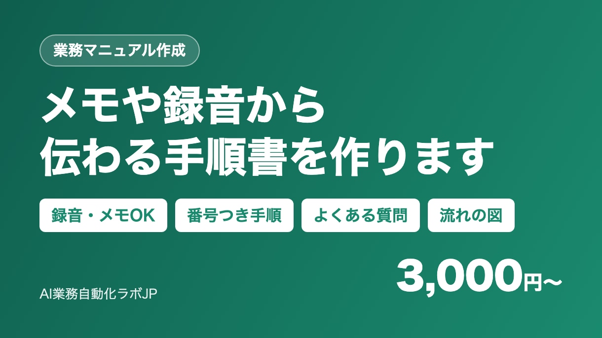 メモや録音から、伝わる業務マニュアルを作ります 口で説明していた手順を、だれでも同じようにできる手順書に イメージ1