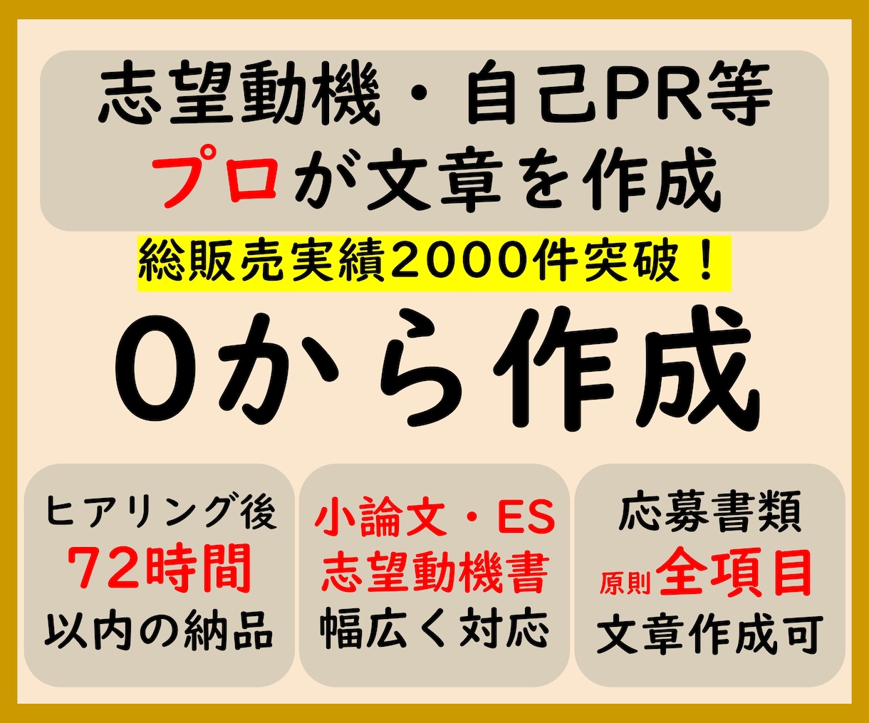 0から作成 志望動機や自己PR等をプロが作成します プロ品質の文章を作成/結果に直結 総販売実績2000件突破 イメージ1