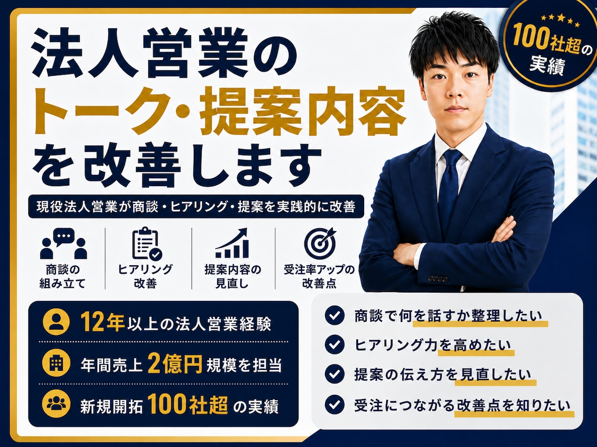 法人営業のトーク・提案内容を改善します 現役法人営業が商談・ヒアリング・提案を実践的に改善します イメージ1