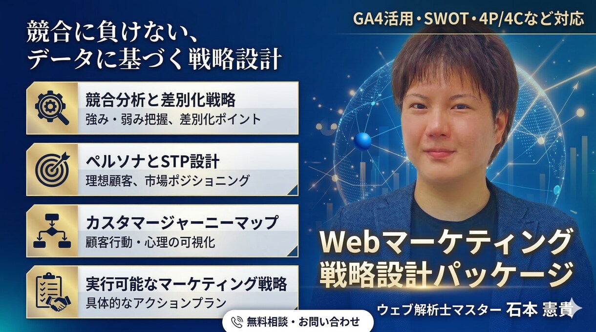 競合に負けないデータに基づく戦略設計をご提案します Web施策の「迷走」を終わらせ、確かな「成果」へ導く戦略を。 イメージ1
