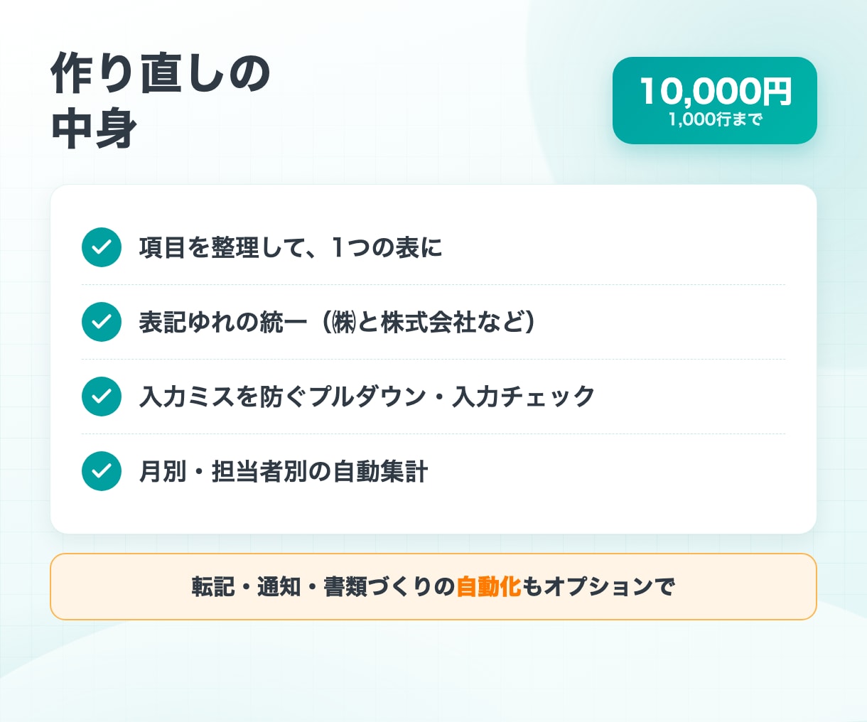 Excel・スプシを使える台帳に作り直します 散らかった顧客・売上・在庫の表を整理｜集計まで自動に イメージ3