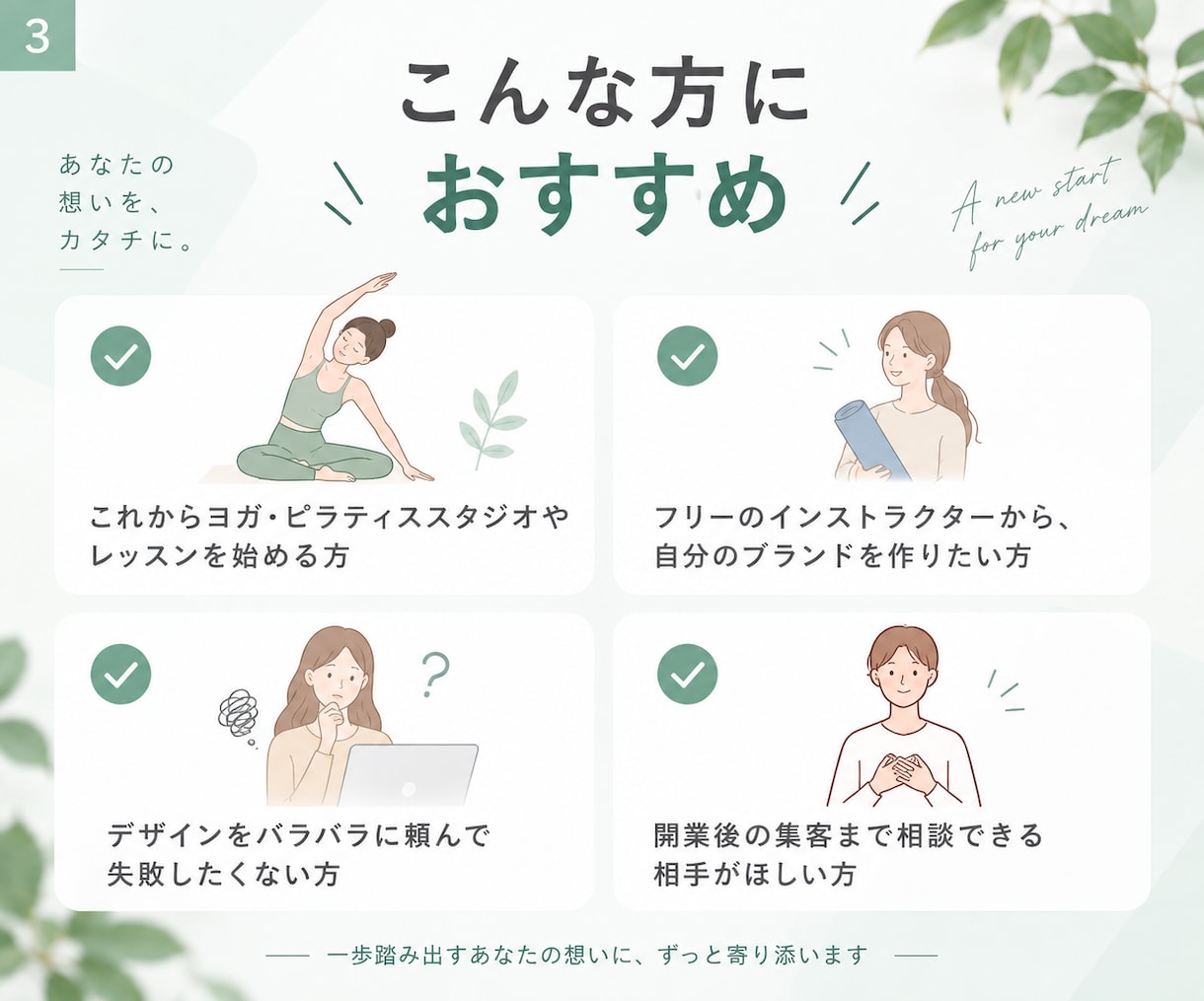 ヨガ・ピラティス開業に必要なデザインを一式作ります 業界300件以上支援のプロが開業をまるっとサポートします イメージ3