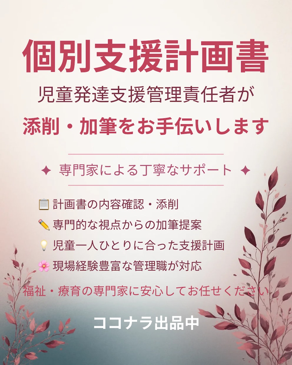 個別支援計画書作成相談・加筆・添削お手伝い致します ５領域対応の個別支援計画書作成のご相談に丁寧にお答え致します イメージ1