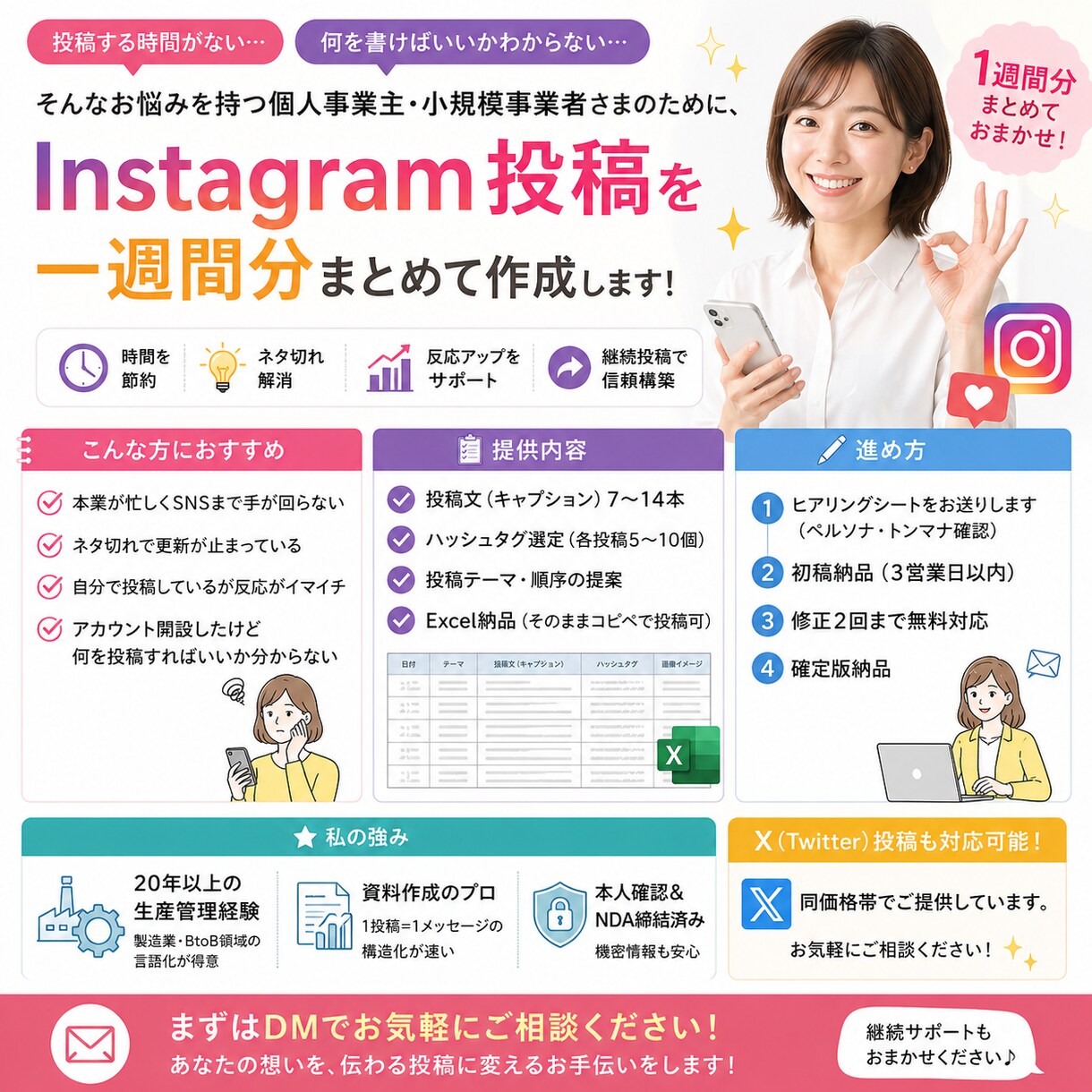 個人事業主のInstagram投稿7本作成します 総販売5件｜本人確認済｜Instagram1週間分7本作成 イメージ1