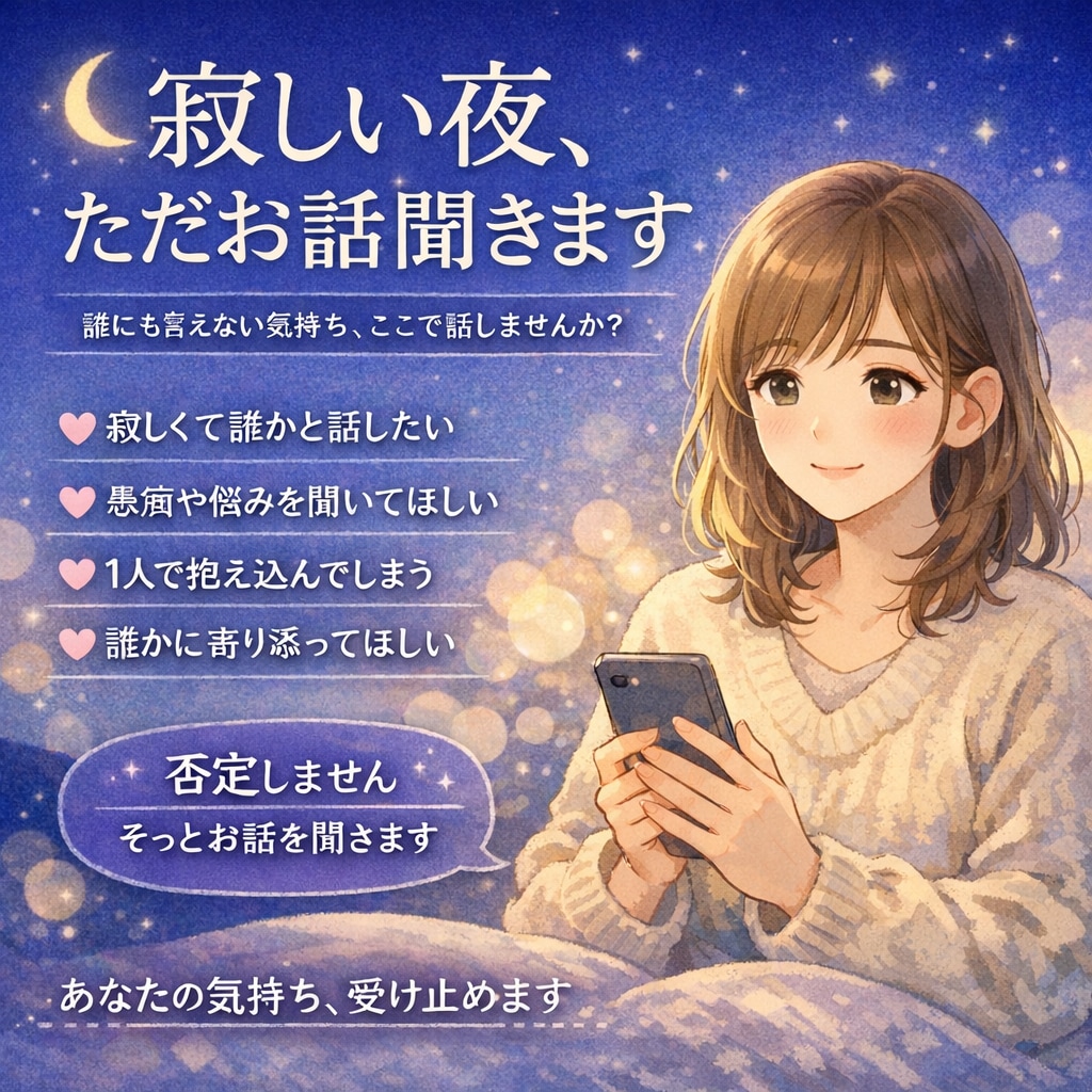 誰にも言えない気持ち、ただ聞きます 寂しい夜　あなたの話し相手になります イメージ1