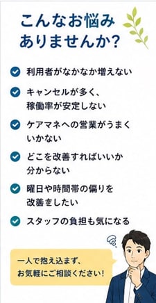 デイサービスの稼働率改善を一緒に考えます 現役管理者が現場目線で改善策をご提案します イメージ2