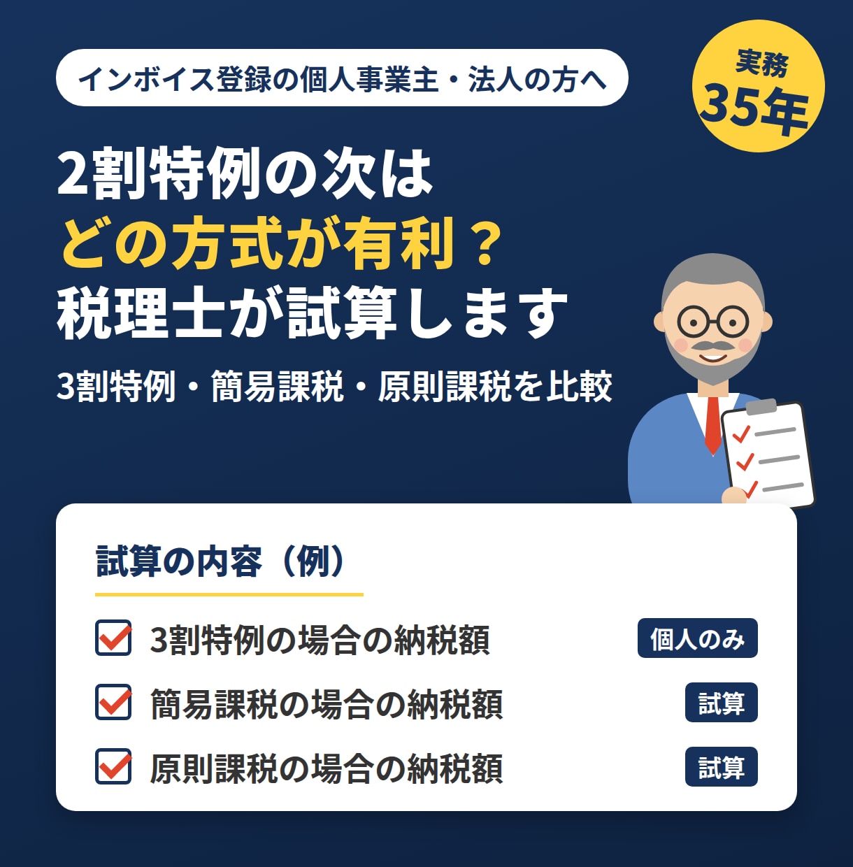 2割特例終了後の消費税を税理士が試算します 【インボイス】3割特例・簡易課税・原則課税を比較 イメージ1
