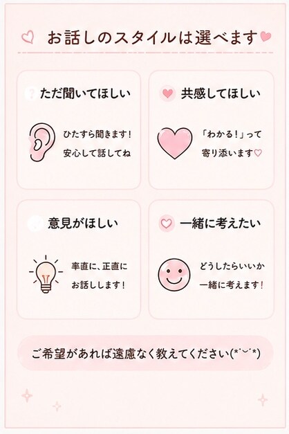 30分チャット⭐︎どんなお話でもお聞きします 誰にも言えない本音・愚痴・恋愛・雑談まで｜5往復保証 イメージ4