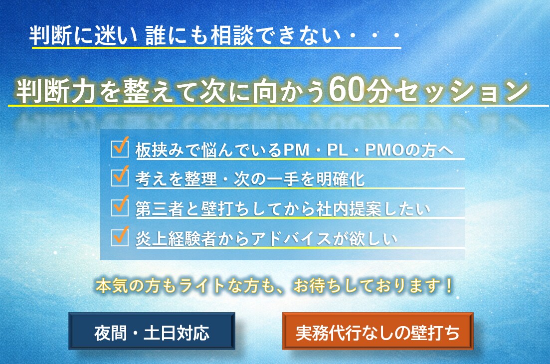 現役PMO歴15年が炎上や停滞を解決！壁打ちします 炎上案件、モンスター上司&顧客の攻略、 イメージ1