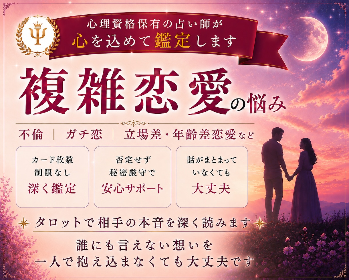 複雑恋愛｜相手の本音・現状・今後の関係性を占います 不倫・ガチ恋・誰にも話せない恋｜カード枚数無制限で丁寧に鑑定 イメージ1