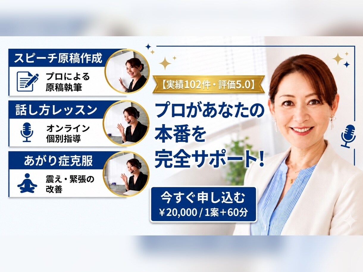スピーチ原稿作成｜話し方・本番対策もサポートします 実績１０２件・評価５.０｜現役アナが原稿作成から本番まで伴走 イメージ2