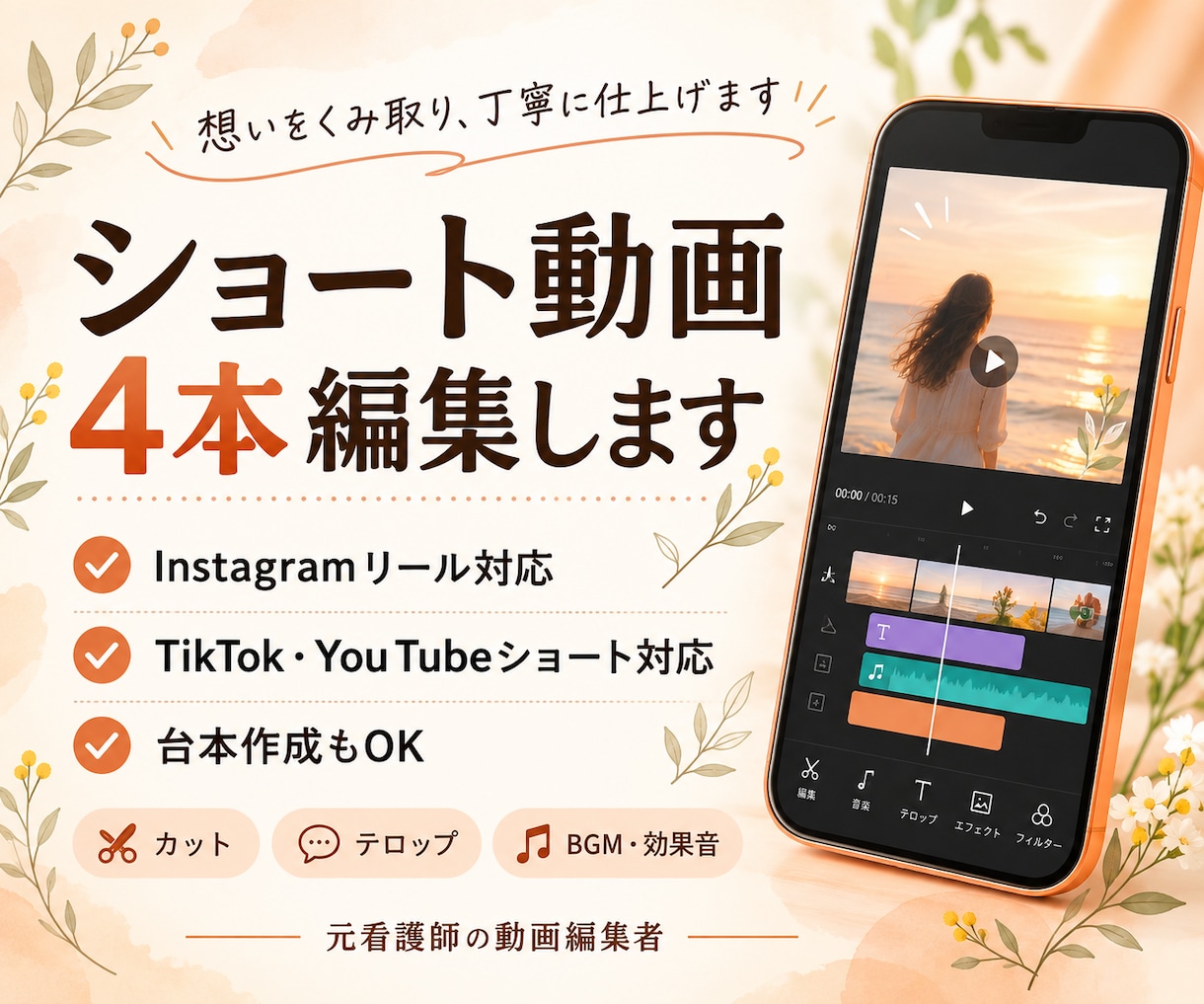 想いが伝わるショート動画を4本丁寧に編集します 元看護師が想いに寄り添い、伝わる動画づくりをお手伝い イメージ1