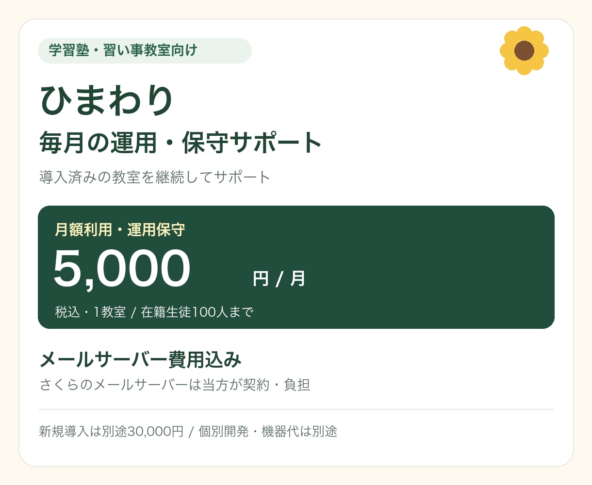 ひまわり塾管理の導入から毎月の運用まで支援します 初期３万円＋月額５千円・メールサーバー費用込み イメージ1