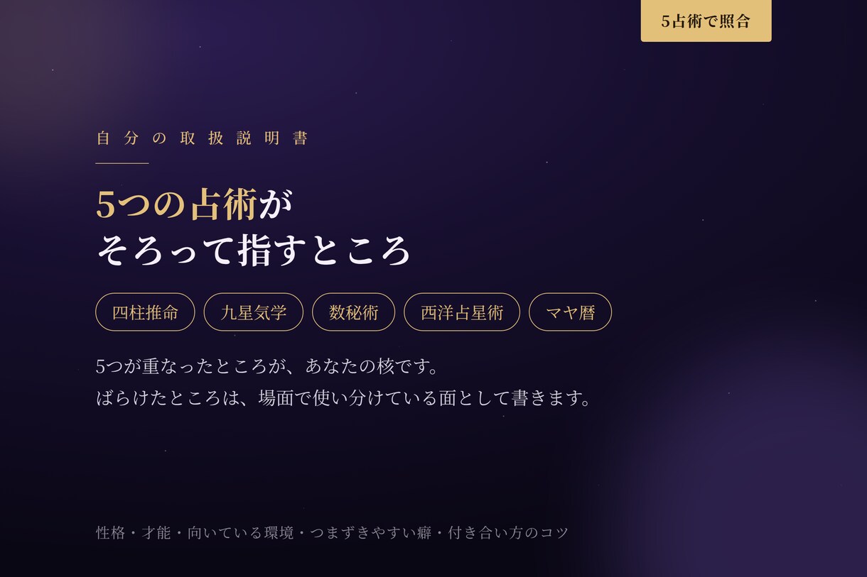 あなたの取扱説明書を5つの占術で作ります 5つが重なったところが、あなたの核です。2,000字以上 イメージ1
