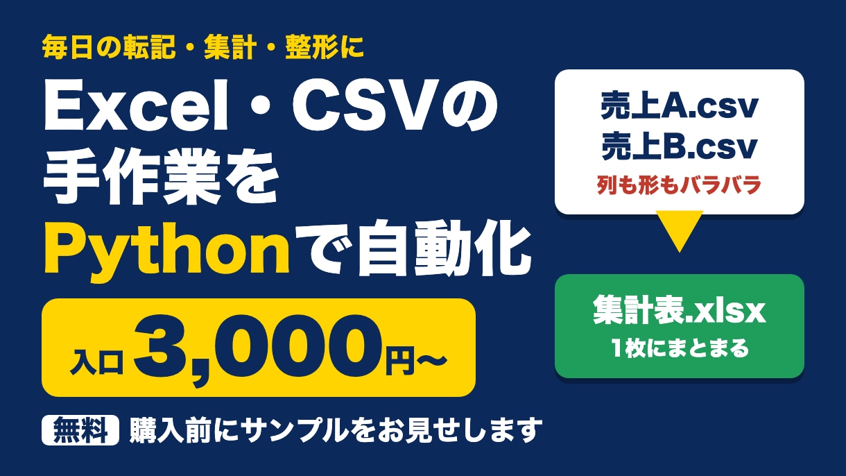 Excel・CSV作業をPythonで自動化します 転記・集計・整形を3,000円から｜購入前に無料サンプル イメージ1