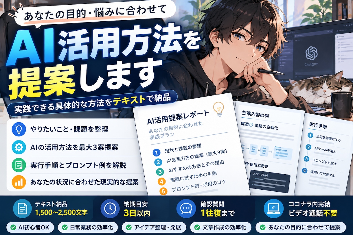 あなた専用のAI活用方法を提案しますます 業務や日常の悩みを整理し、実践できる方法を文章で納品 イメージ1