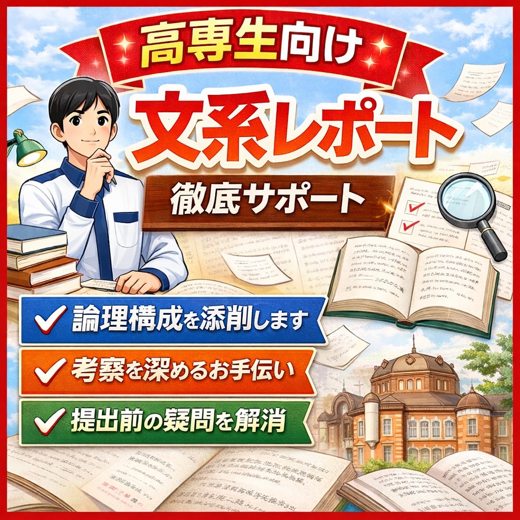 高専生向け｜文系科目のレポート手伝います 現役高専生が同じ目線から文系科目のレポートを手伝います。 イメージ1