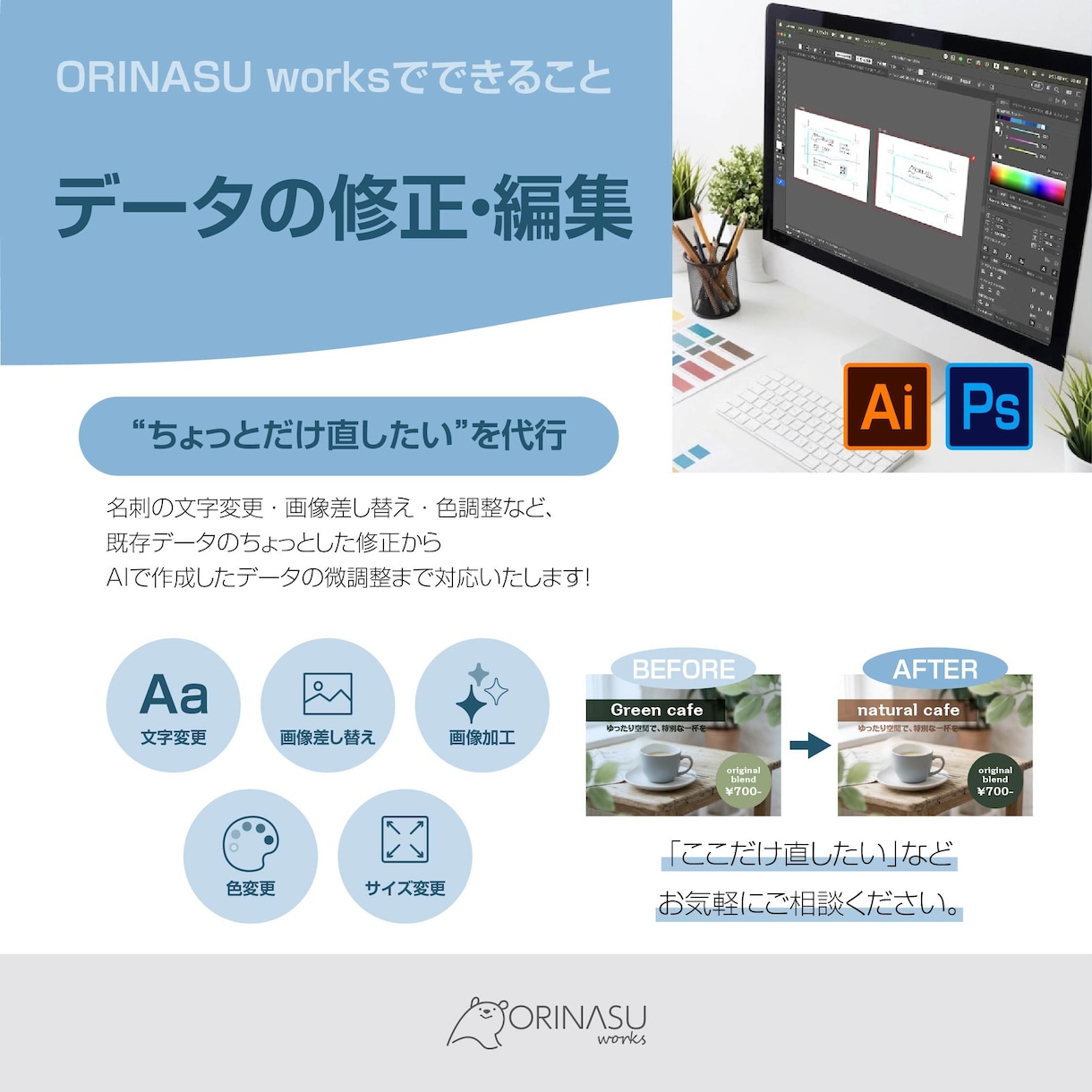 データの修正・編集をお手伝いします 名刺・DM・画像などの「ここだけ」を修正します イメージ1