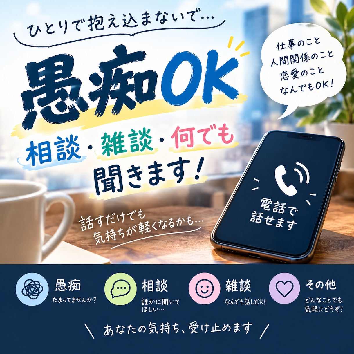 雑談・愚痴・悩み相談、何でも話そます 誰かと話したい、聞いてほしい。 イメージ1