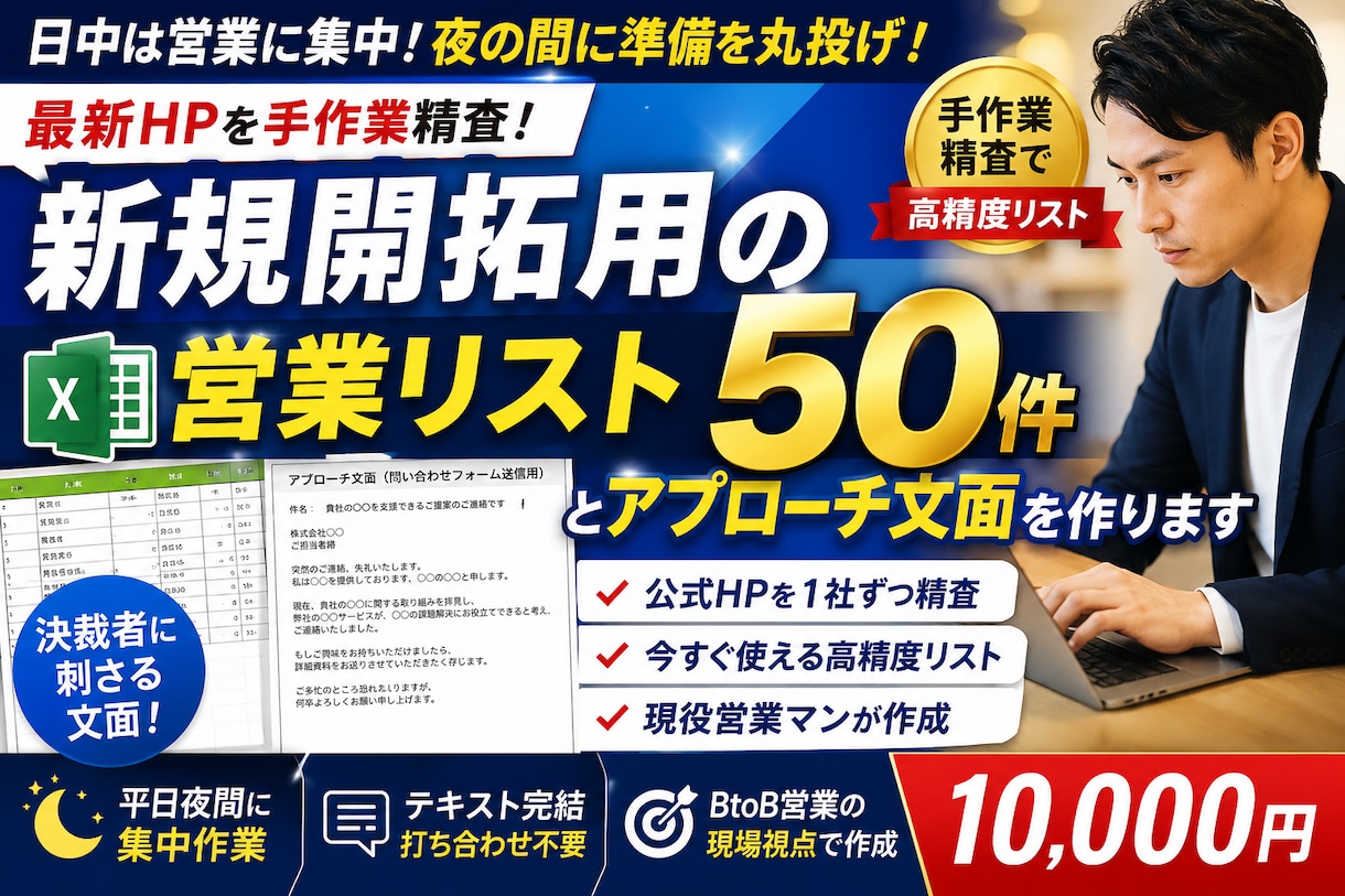 新規開拓用営業リスト50件とアプローチ文面作ります 最新HPを手作業精査！即戦力の営業リストとアプローチ文面作成 イメージ1