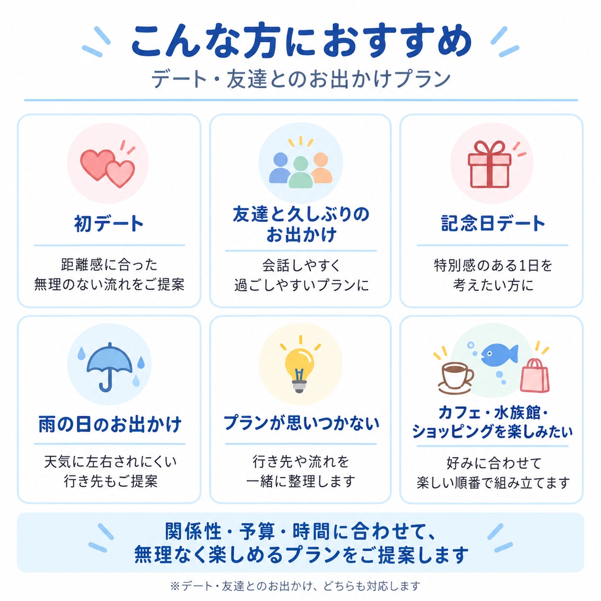 あなたに合ったデート・お出かけプランを作ります 関係性・予算・時間に合わせて無理なく楽しめるプランをご提案 イメージ3
