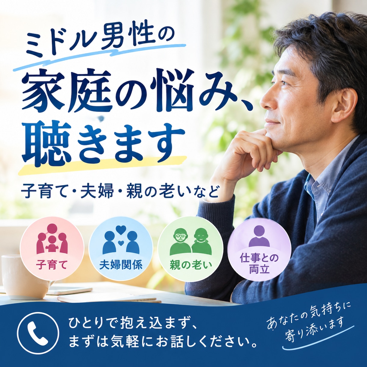 ミドル男性の家庭の悩み、聴きます 夫婦・子育て・親の老いのことなど、相談しませんか イメージ1
