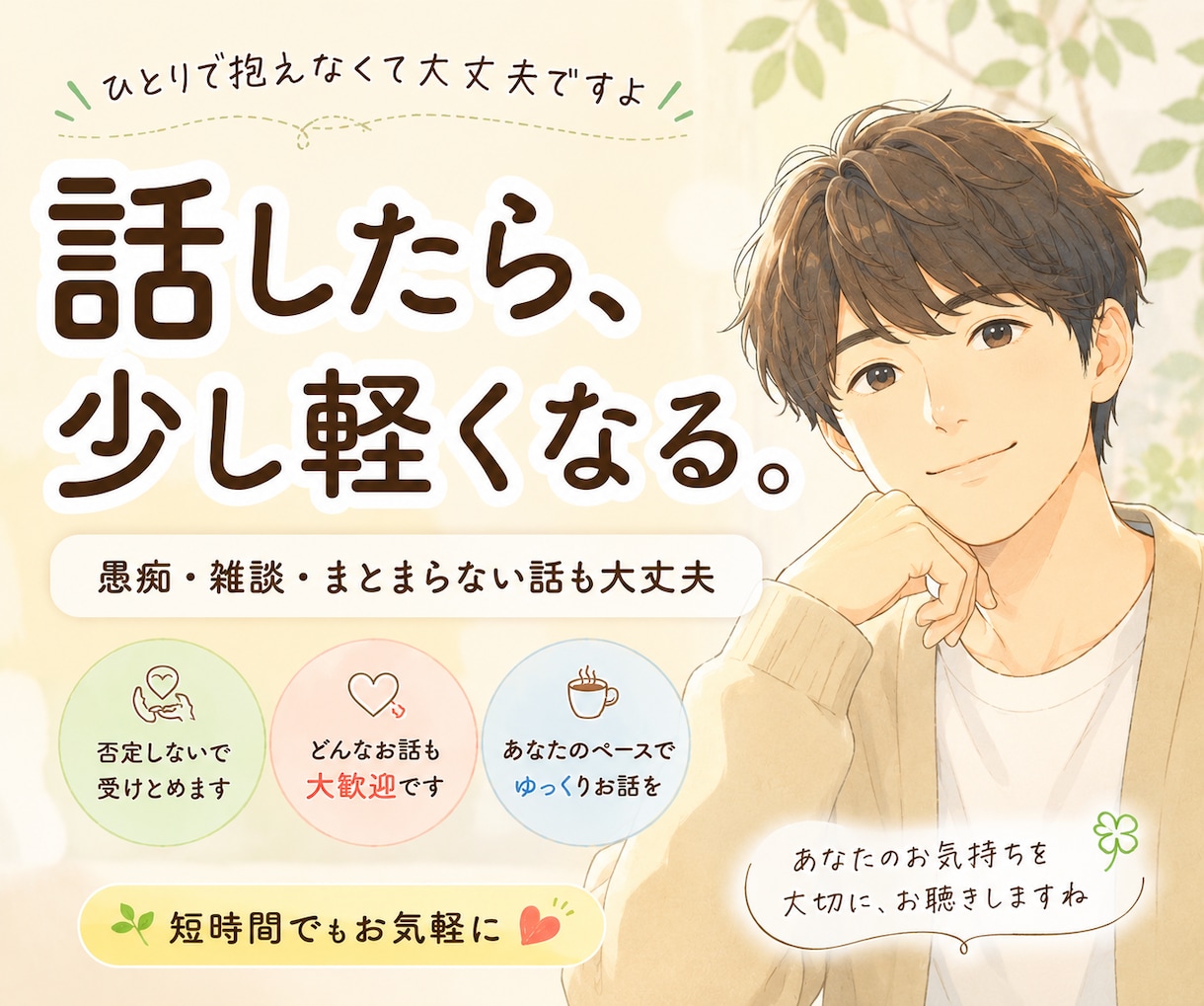 話したら、少し軽くなります 愚痴・雑談・まとまらない話も大丈夫 イメージ1