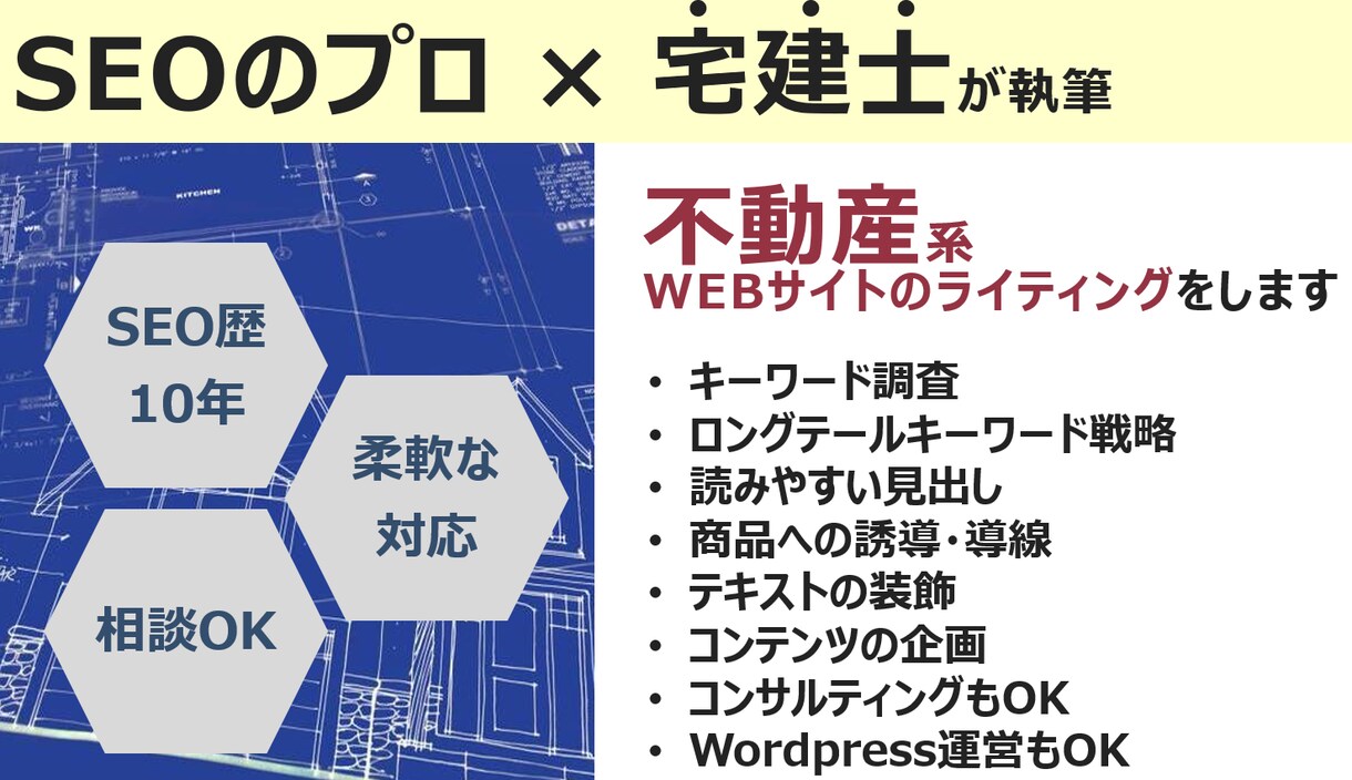 宅建士が不動産関連のSEO記事を執筆しますます Wordpress運営・SEO歴10年・宅建士が記事を執筆 イメージ1