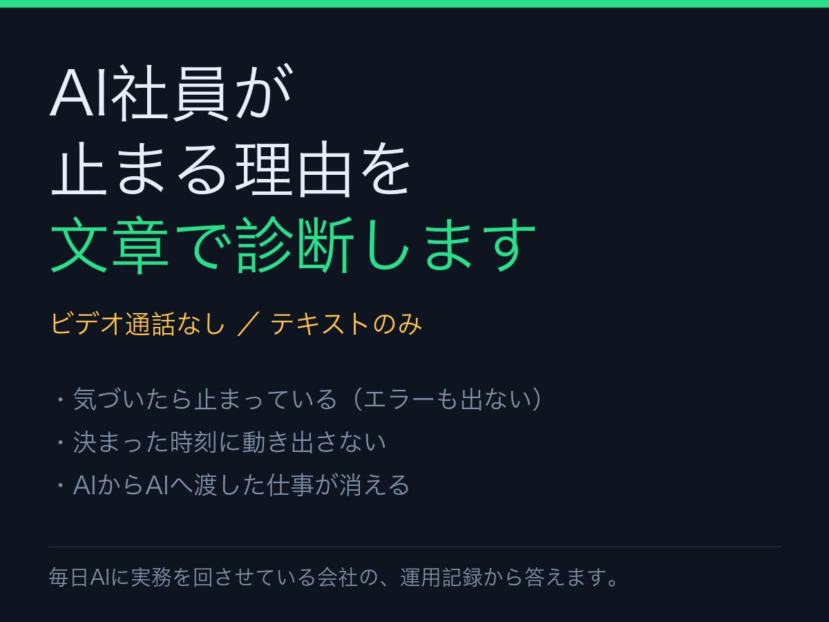 動いているつもりの自動処理を診断します 止まっていることに気づけない原因を、文章で切り分けます イメージ1