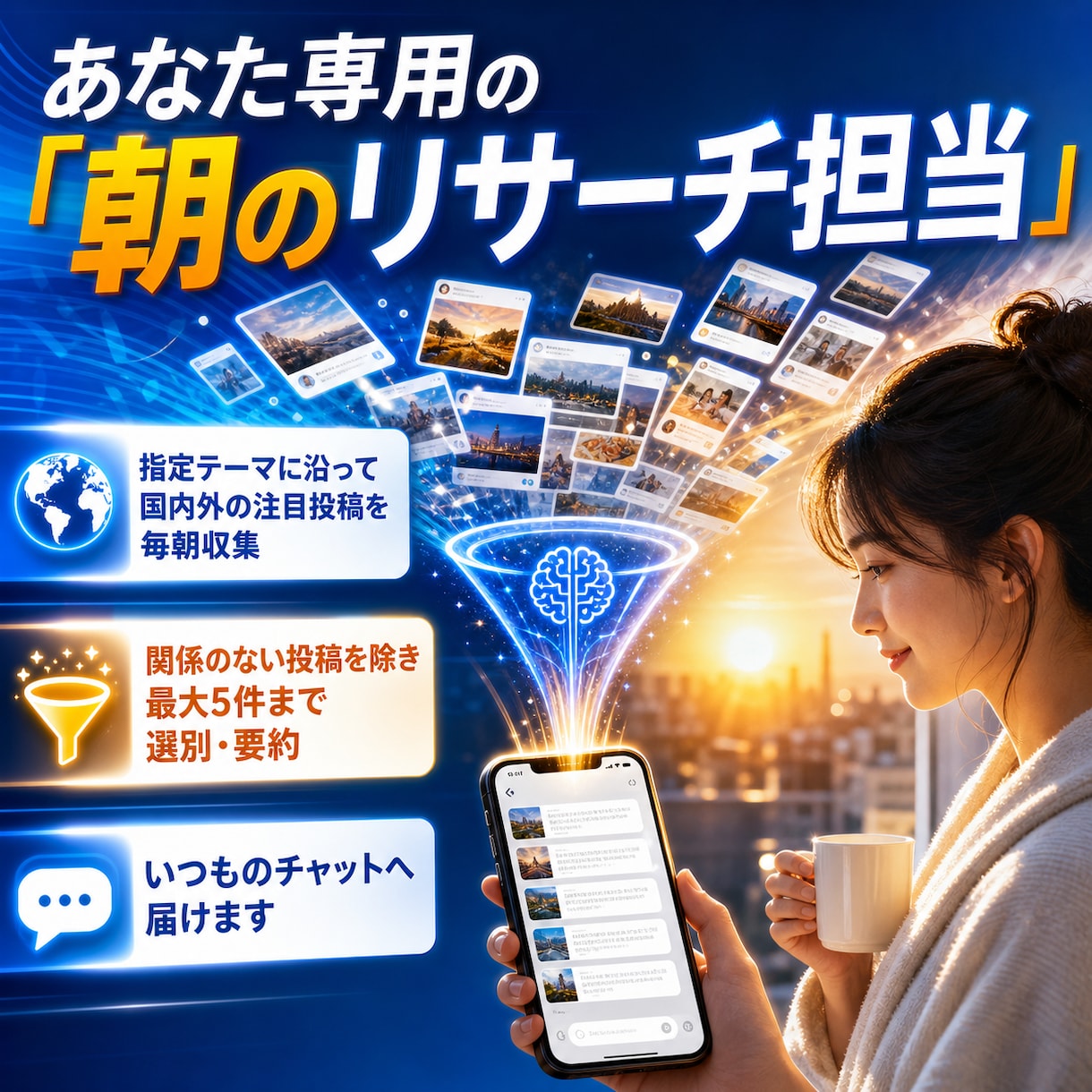 あなた専用のX注目ネタ朝刊を設定します 欲しいテーマの話題だけを選び、毎朝いつものチャットへお届け イメージ6