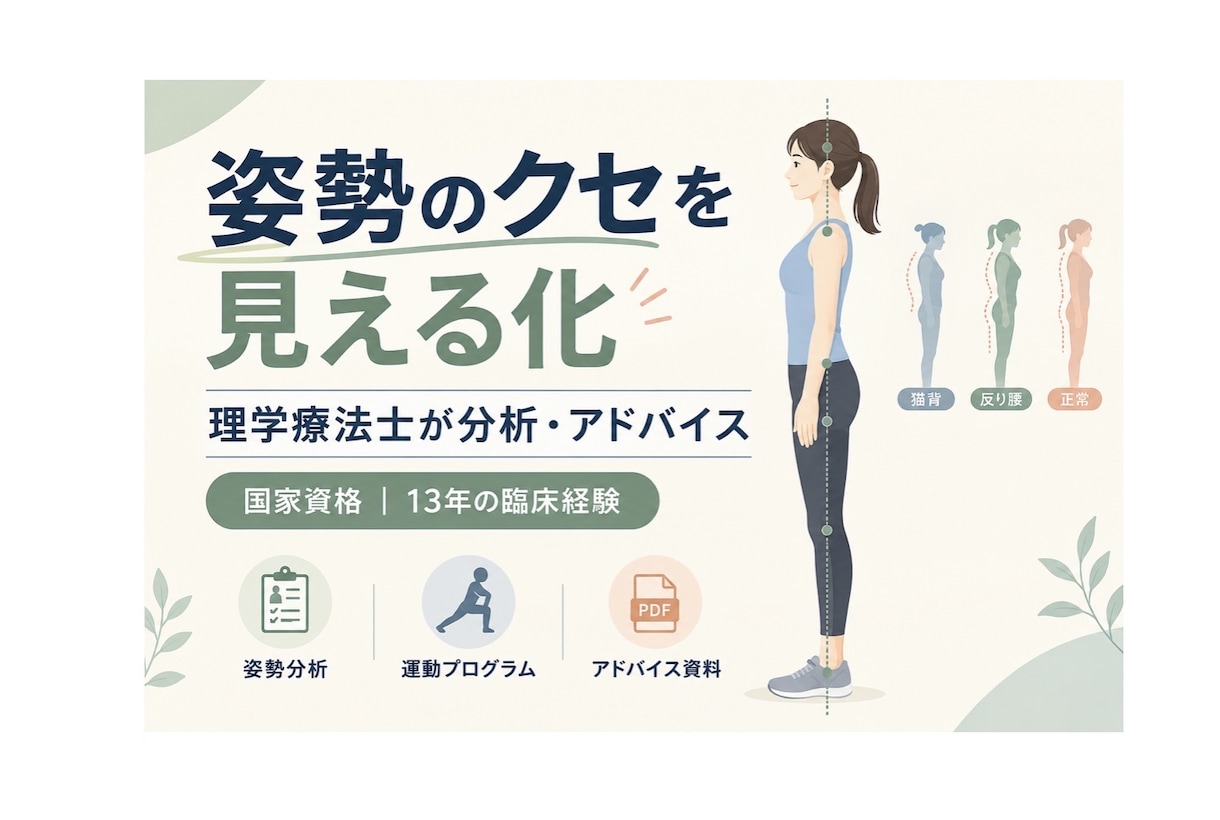 理学療法士が姿勢を分析！あなたに合う運動を提案ます 肩こり/腰痛の原因分析、健康的な姿勢改善、ダイエット法を提案 イメージ1