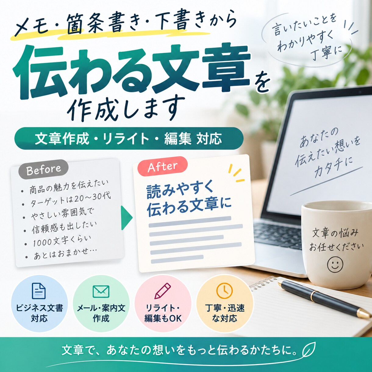 メモや箇条書きから伝わる文章を作成します 面倒な文章作成をまるごとお手伝いします イメージ1
