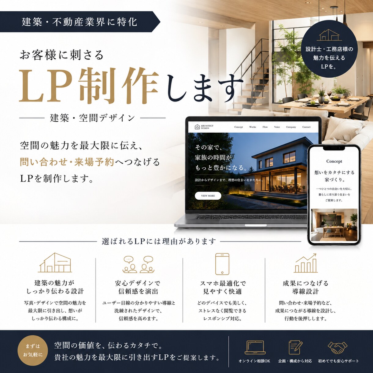 建築・不動産に詳しい空間デザイナーがLP設計します 集客の伸びるLP制作を目指す為に軸となる建築に詳しいのが基本 イメージ2