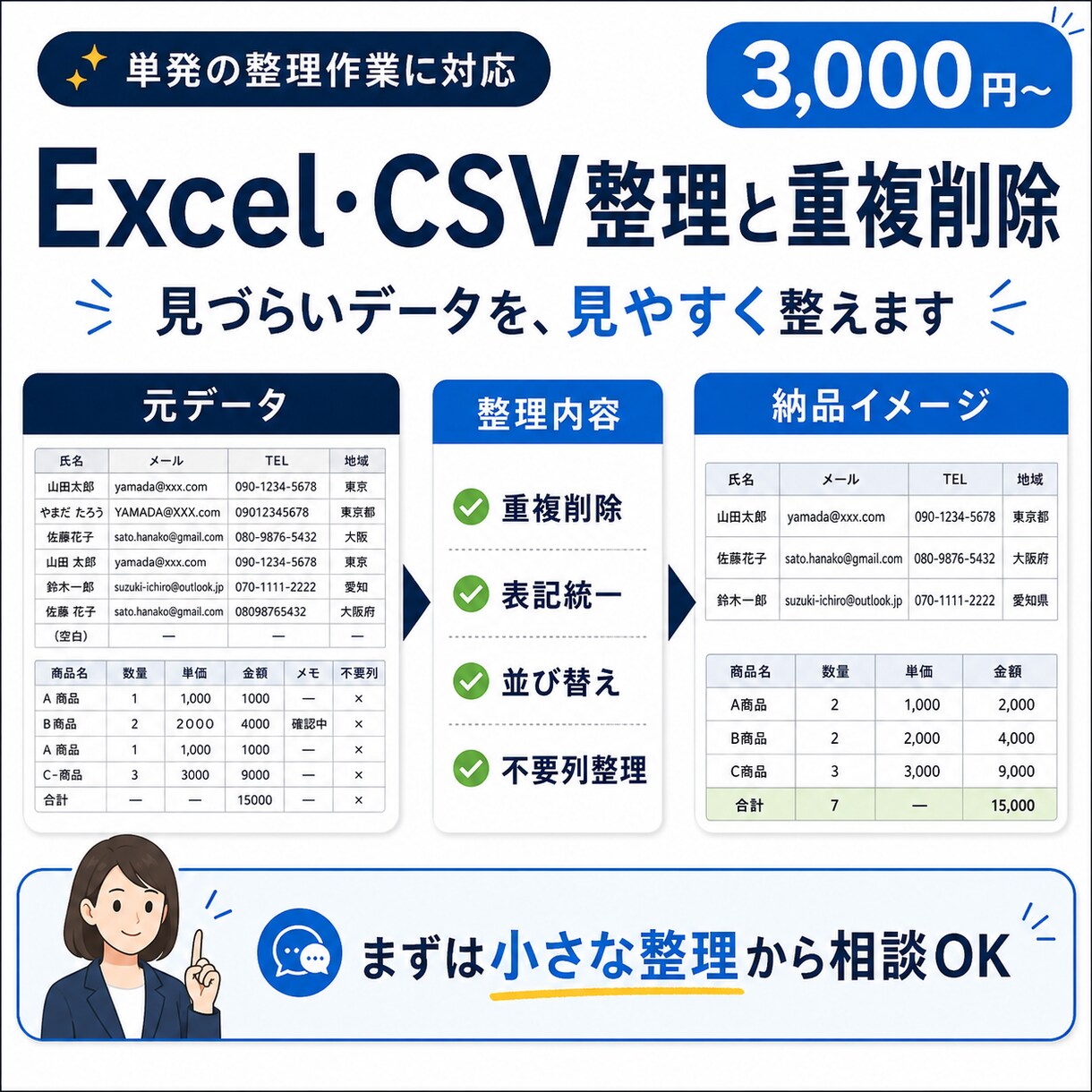 Excel CSV整理結合・重複削除代行します 結合・重複削除・簡単集計まで丁寧に対応 イメージ1