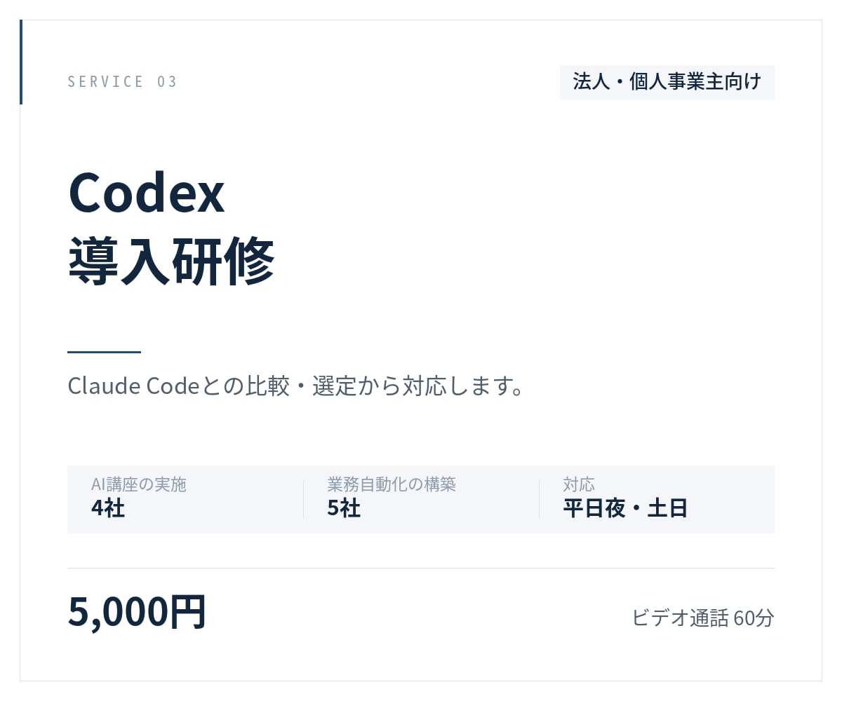 Codex導入研修を実施します 企業向け。Claude Codeとの比較選定から イメージ1