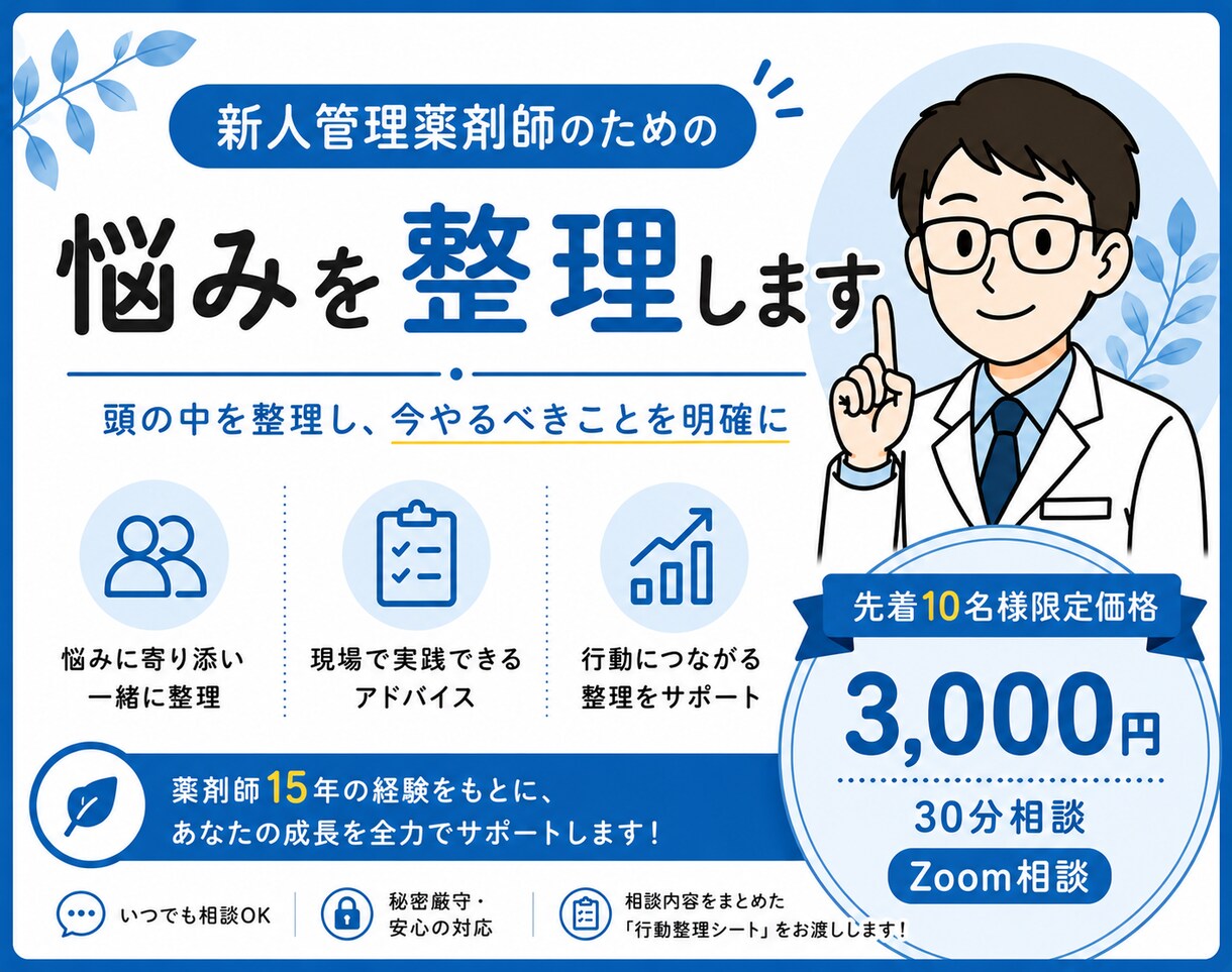 新人管理薬剤師の悩みをビデオチャットで整理します 頭の中を整理して、今やるべきことを明確に イメージ1