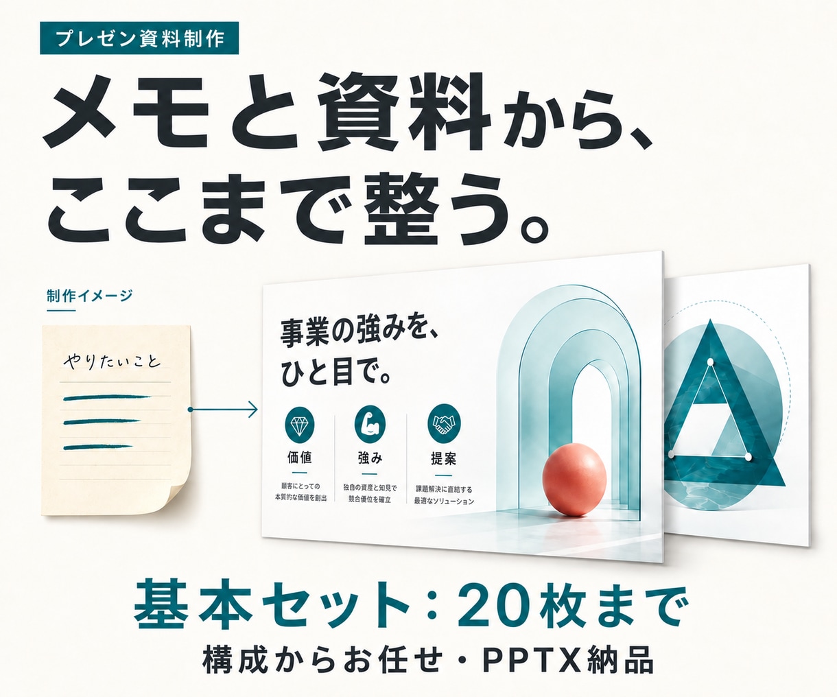 メモと手元の資料から伝わるプレゼン資料を作ります 構成からお任せ。会社紹介・営業・提案資料を目的に合わせて イメージ1