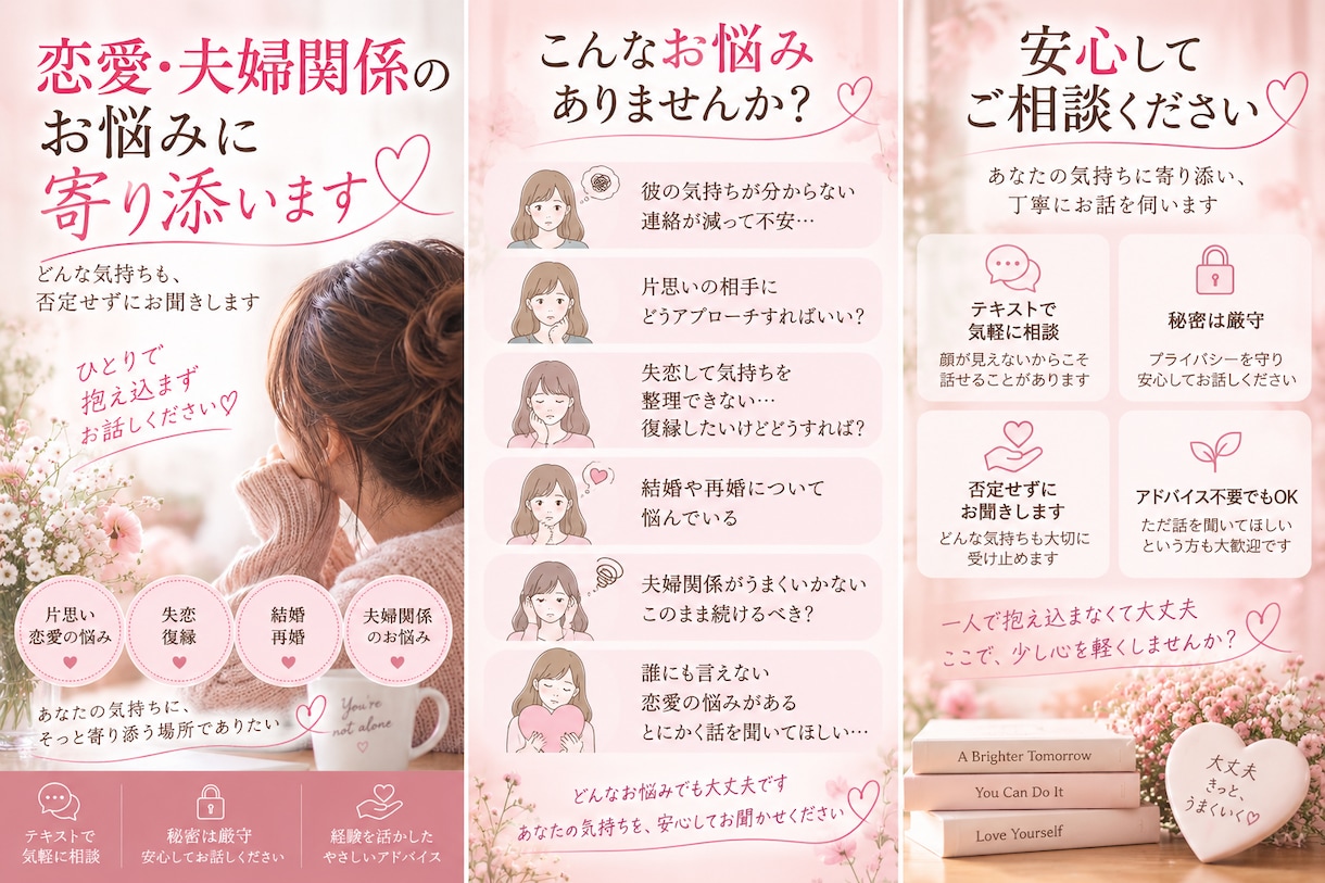 3度の結婚経験を活かし恋愛のお悩みに寄り添います 誰にも言えない気持ちも、否定せず丁寧にお聞きします イメージ2