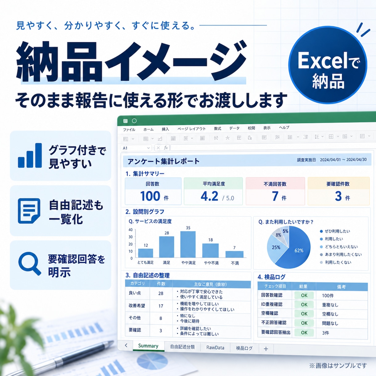 アンケート結果を見やすいExcelに整理します 集計・グラフ・自由記述整理まで1ファイルで納品 イメージ2
