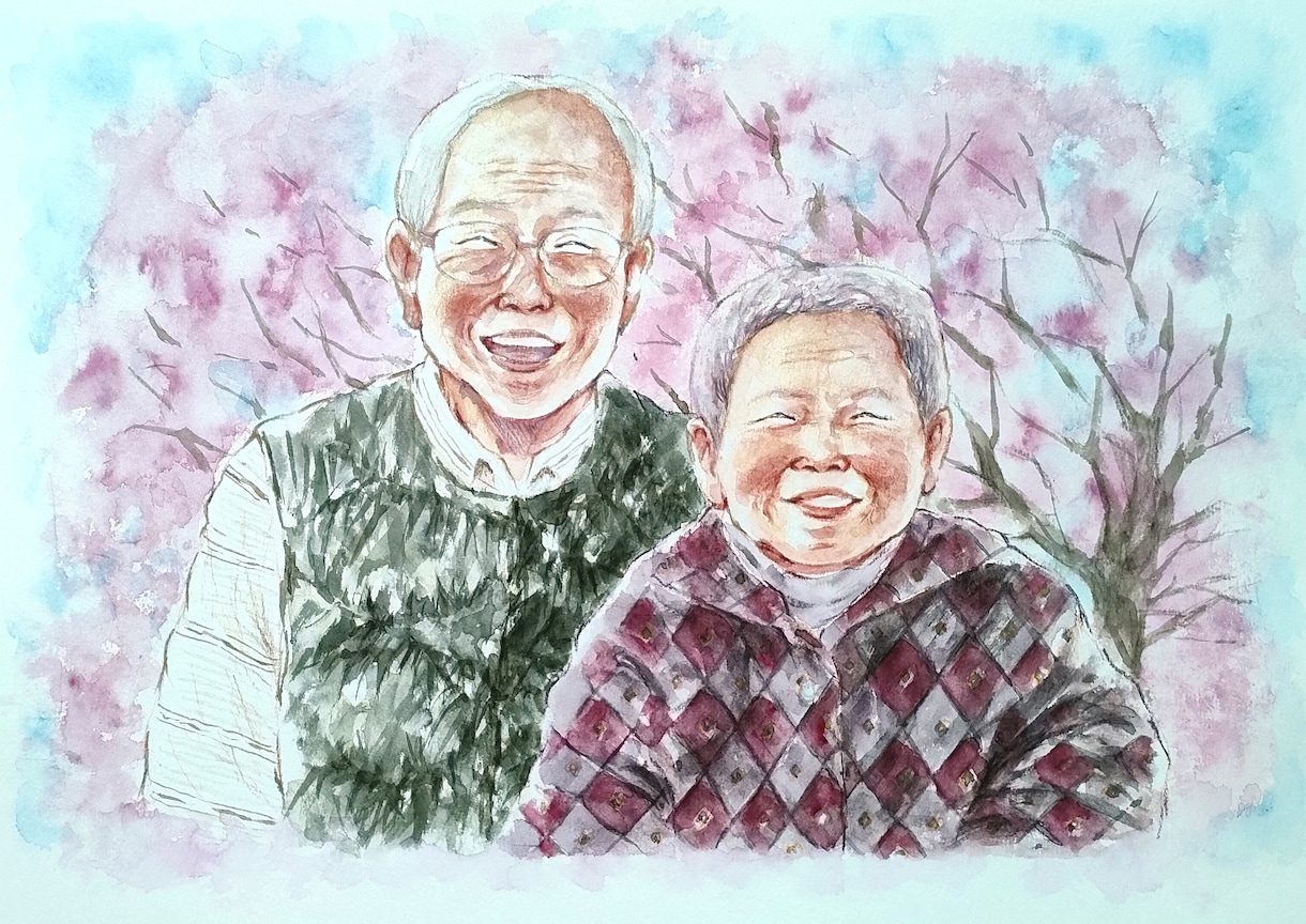 優しいタッチの絵本のような似顔絵をお描きします 還暦祝いや金婚式などのお祝いにおすすめです✩A4サイズ イメージ1